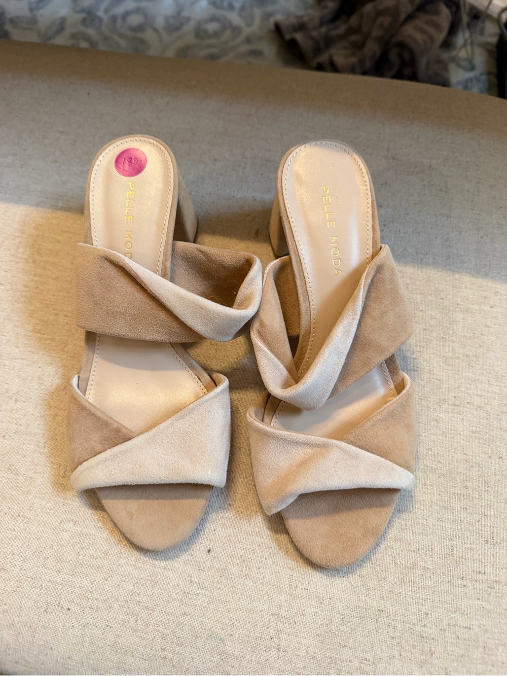 Pelle Moda Beige Suede Twist Strap Block Heel Mules